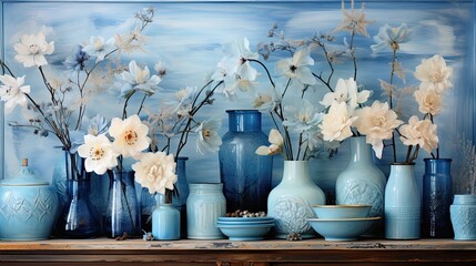 A shelf filled with multiple blue bottles containing white flowers, arranged on a wooden table