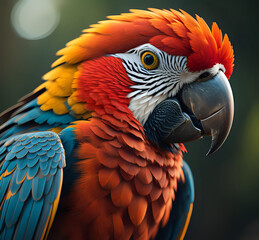 Fototapeta premium Portrait of ..Portrait of Scarlet Macaw parrot. Macaw parrot flying in dark green vegetation with beautiful back light and rain. Scarlet Macaw, Ara macao, in tropical forest, Costa Rica. generative Ai