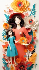 Happy Mother's Day in paper cut design. Young mother and daughter like a paper doll. Mother and her cute child decorated paper cut flowers wall frames. Modern botanical sculpture