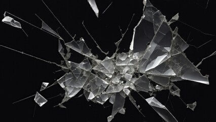 cracked glass on black background, smashed glass texture, shards of broken glass on black