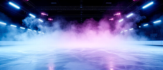 Purple Ice Rink Background. Professional Arena illuminated neon lights, spotlights with smoke....