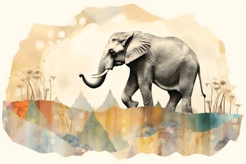 Fototapeta premium Elephant, Gajah, highly textured, mixed media collage painting, fringe absurdism, Award winning halftone pattern illustration