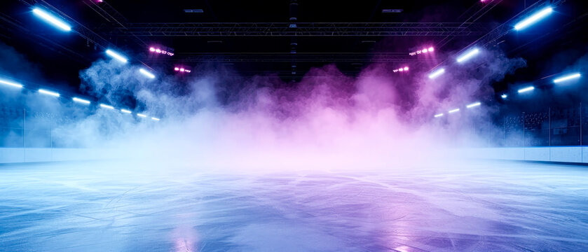 Purple Ice Rink Background. Professional Arena illuminated neon lights, spotlights with smoke. Copyspace. Winter poster for hockey competitions. Ice skating. Stadium. Generative ai	