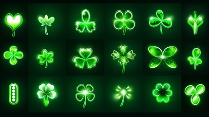St. Patrick's Neon Charm: Trefoil clover neon sign on black background. Set of green shamrock icons for a festive Saint Patrick's Day vibe. - obrazy, fototapety, plakaty