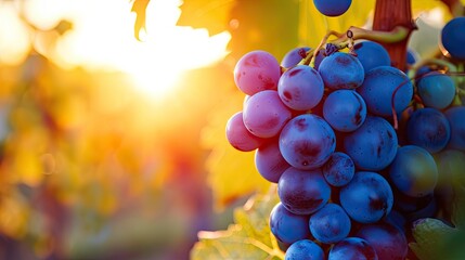 closeup of blue grapes in a vineyard at sunset - obrazy, fototapety, plakaty