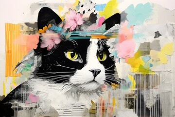 Black and white Cat, highly textured, mixed media collage painting, fringe absurdism, Award winning halftone pattern illustration