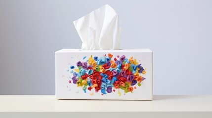 a colorful tissue box, creating a harmonious composition against a crisp, white canvas in the highest definition.