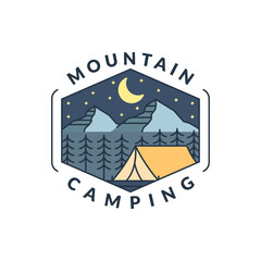 mountain night camping illustration monoline or line art style