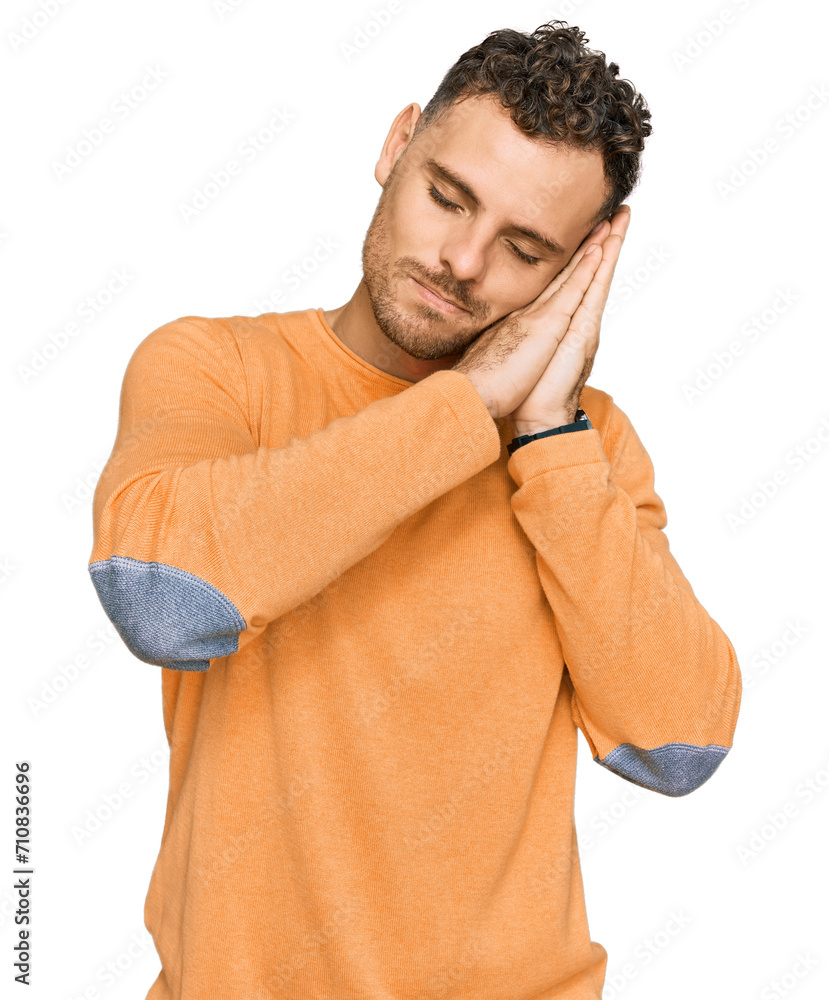 Sticker young hispanic man wearing casual clothes sleeping tired dreaming and posing with hands together whi