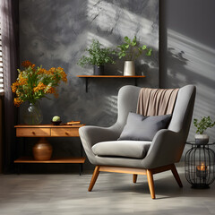 vase on the carpet in an elegant room with a gray armchair against a brick wall in a business style