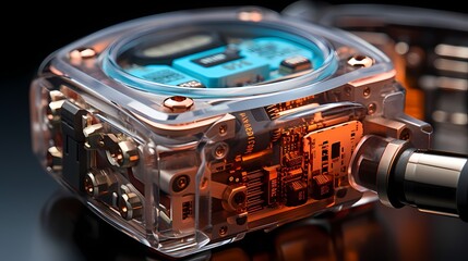 A close-up of a smartwatch with a transparent back, showcasing the advanced technology and components within