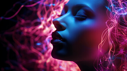 Fototapeta na wymiar Neon Fictional AI generated Woman Art Glow Realistic Photography Black Background 4k 