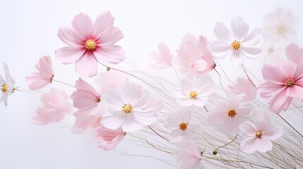 a heap of cosmos petals, their dainty blossoms forming a delicate display against the purity of a spotless white canvas, capturing the magic of the cosmos.