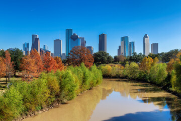 Houston skyline at sunny autumn day in Buffalo Bayou Park, Houston, Texas, USA - obrazy, fototapety, plakaty