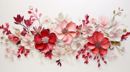A mesmerizing scene unfolds as white, red, and pink flowers create a stunning tableau against a clean white background.