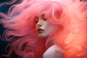Pink hair young woman portrait with digital holografic effect