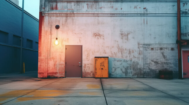 Corner of a grungy commercial building with closed rusty doors and glowing lights. Empty backstreet, concrete walls of an urban industrial building or warehouse during night time.