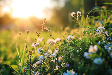 Beautiful spring morning sunrise over fresh green meadow with flowers