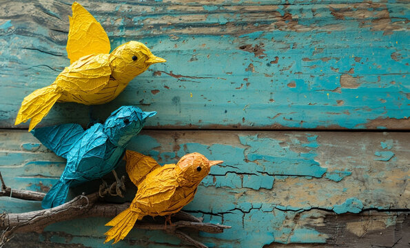 DIY colorful paper birds sitting on rustic background,