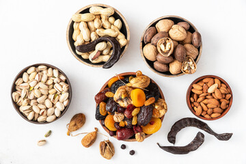 Nuts and dried fruit mix, healthy and wholesome food. 