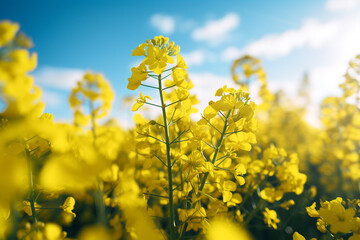Obraz premium Close-up of a rapeseed field. Rapeseed oil advertisement