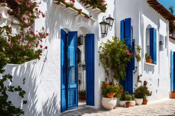Traditional house with white walls blue door and plants.