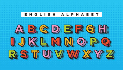 English alphabet in pop art, retro style. Colorful poster for kindergarten, classroom, kids room, education. Creative stock vector illustration. Capital Uppercase Latin letters, typography font