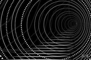 Abstract Black and White Pattern with Circles and Ladder. Spiral Round Tunnel. Geometric Psychedelic Texture in Perspective. Vector. 3D Illustration