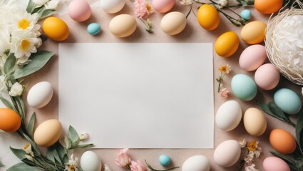 Easter eggs and spring flowers with blank on beige background
