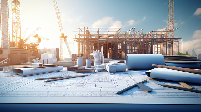 Drawings and design tools on the panorama of the construction site. Construction and design concept..
