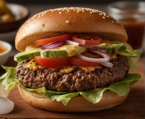 Large, abundant and tasty Hamburger with french fries. Set of hamburger beer and french fries. A standard set of drinks and food in the pub, beer and snacks. Dark background, fast food.