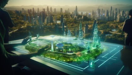 Human touching a advanced technology based on hologram light with greenery city, eco-friendly city on a city background with hologram network icons for energy source research, renewable energy concept