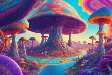 A world of vibrant magic mushrooms and swirling patterns of a psychedelic background featuring a hippie vibe. Trippy visuals of a psychedelic landscape. 
