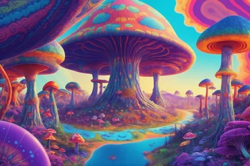 Schilderijen op glas A world of vibrant magic mushrooms and swirling patterns of a psychedelic background featuring a hippie vibe. Trippy visuals of a psychedelic landscape.  © Emma