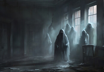 Horror digital painting featuring ghostly apparitions lurking in the shadows of an abandoned mansion. Old haunted abandoned house.