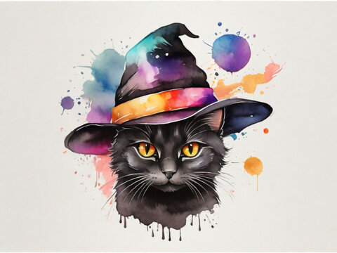 Painting of a black cat wearing a witch hat ai image 