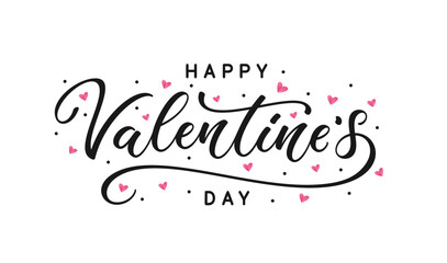 Cute Valentine's Day lettering with decorative elements, hearts and circles. Happy Valentine's Day holiday typography text. - obrazy, fototapety, plakaty