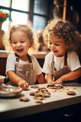 two happy children are making cookies in the kitchen. little cooks - obrazy, fototapety, plakaty