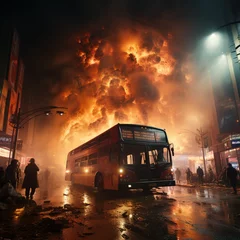 Möbelaufkleber The location is Osaka. A brand new bus is popping out of a large billboard and exploding. People are falling down © Junior