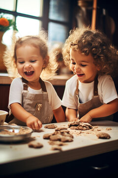 Naklejki two happy children are making cookies in the kitchen. little cooks