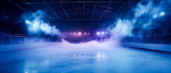 Purple Ice Rink Background. Professional Arena illuminated neon lights, spotlights with smoke....
