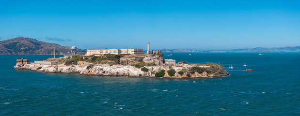 Aerial view of the prison island of Alcatraz in San Francisco Bay, Alcatraz jail in San Francisco...