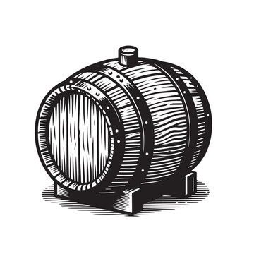 Old oak wooden large barrel. for beer or wine. Vintage black engraving illustration. Monochrome vector icon. Isolated and cut out	