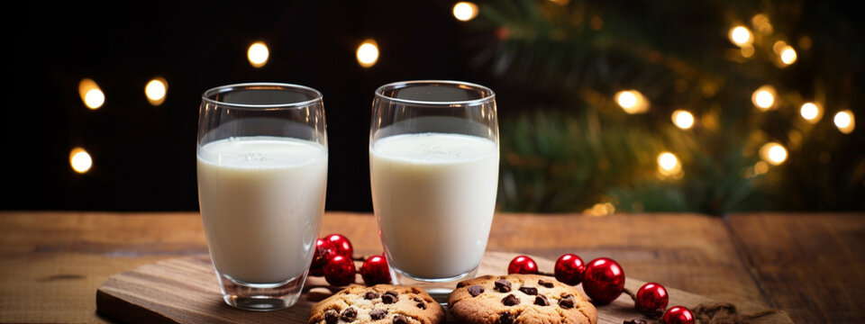 Two glasses with milk and homemade chocolate chip cookies on a wooden table