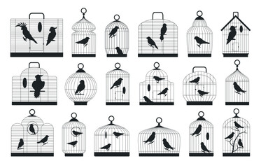 Birds cages silhouettes. Domestic birds sitting in metal cages silhouette, cockatoo, finch, canary and budgie flat vector illustration set. Black ink cages collection - obrazy, fototapety, plakaty