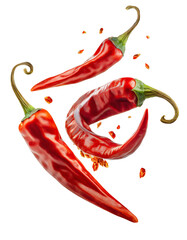 Flying delicious red chili peppers isolated on transparent background