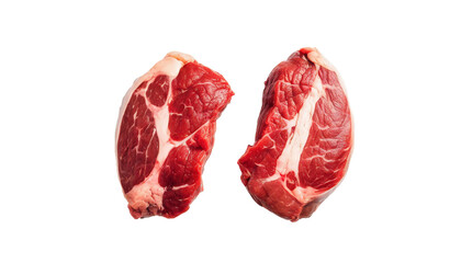 Fototapeta premium Two raw beef steaks isolated on transparent background. Top view.