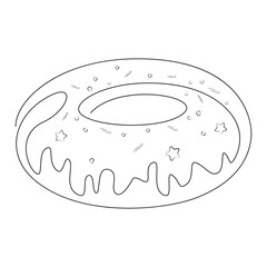 Donut one continuous line drawing. Sweet baked vector illustration. Restaurant or cafe food menu design concept. Dessert sign logo. Sweets black line image on a white background. 