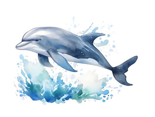 Watercolor illustration of a blue dolphin on white background 