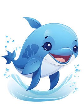 Illustration of a blue and cute dolphin on white background 